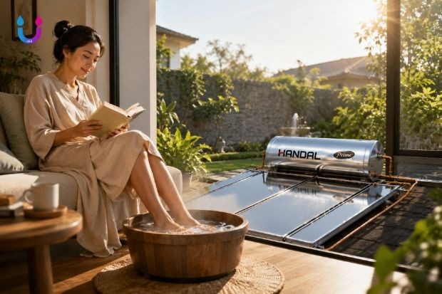 Keuntungan merendam kaki dengan air hangat untuk relaksasi tubuh menggunakan solar water heater modern di rumah