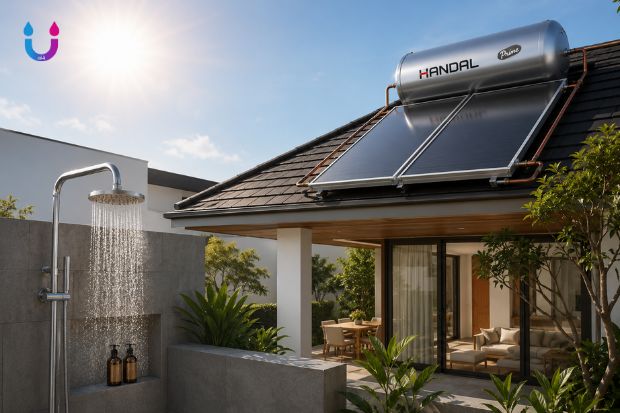 Manfaat Mandi Air Hangat Setiap Hari untuk Kenyamanan Tubuh dengan solar water heater Handal berlogo Handal dan Prime pada rumah modern, menghadirkan air hangat yang stabil dan nyaman untuk kebutuhan keluarga setiap hari