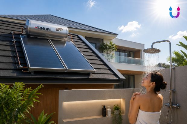 Manfaat Mandi Air Hangat untuk Kenyamanan Aktivitas Sehari Hari dengan solar water heater Handal berlogo Handal dan Prime pada rumah modern, menyediakan air hangat yang praktis untuk mendukung kenyamanan keluarga