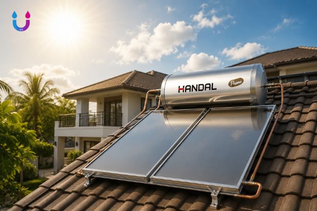 Manfaat Mandi Hangat untuk Kenyamanan dan Kesehatan Tubuh dengan dukungan solar water heater Handal berlogo Handal dan Prime di atap rumah modern, menghadirkan pasokan air hangat yang nyaman untuk aktivitas sehari hari