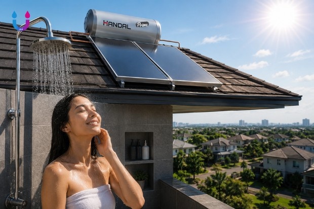 Pemanas Air Modern untuk Kenyamanan Rumah Masa Kini dengan sistem solar water heater Handal Prime terpasang di atap rumah modern untuk menyediakan air hangat hemat energi setiap hari.